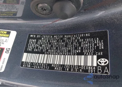 2019 Toyota Corolla L/Le/Xle/Se/Xse z USA, uszkodzony, nr VIN 5YFBURHE8KP891973